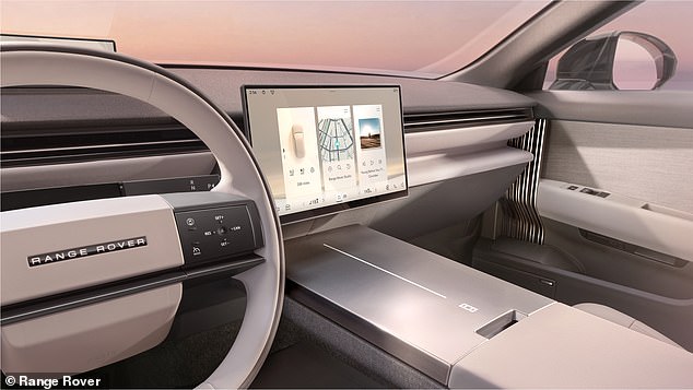 The main central display sits within a concealed air vent spanning the width of the cabin, creating a clean horizontal design feature
