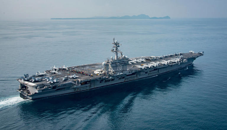 The USS Carl Vinson aircraft carrier transits the Sunda Strait between Java and Sumatra in 2017. The Sunda Strait is one of five straits in Southeast Asia that Japan intends to map charts for ships to sail. Photo: AP