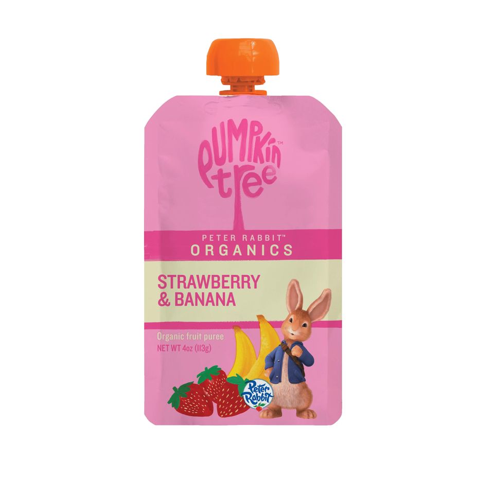 Pumpkin Tree strawberry and banana fruit pouch featuring a rabbit character and labeling details