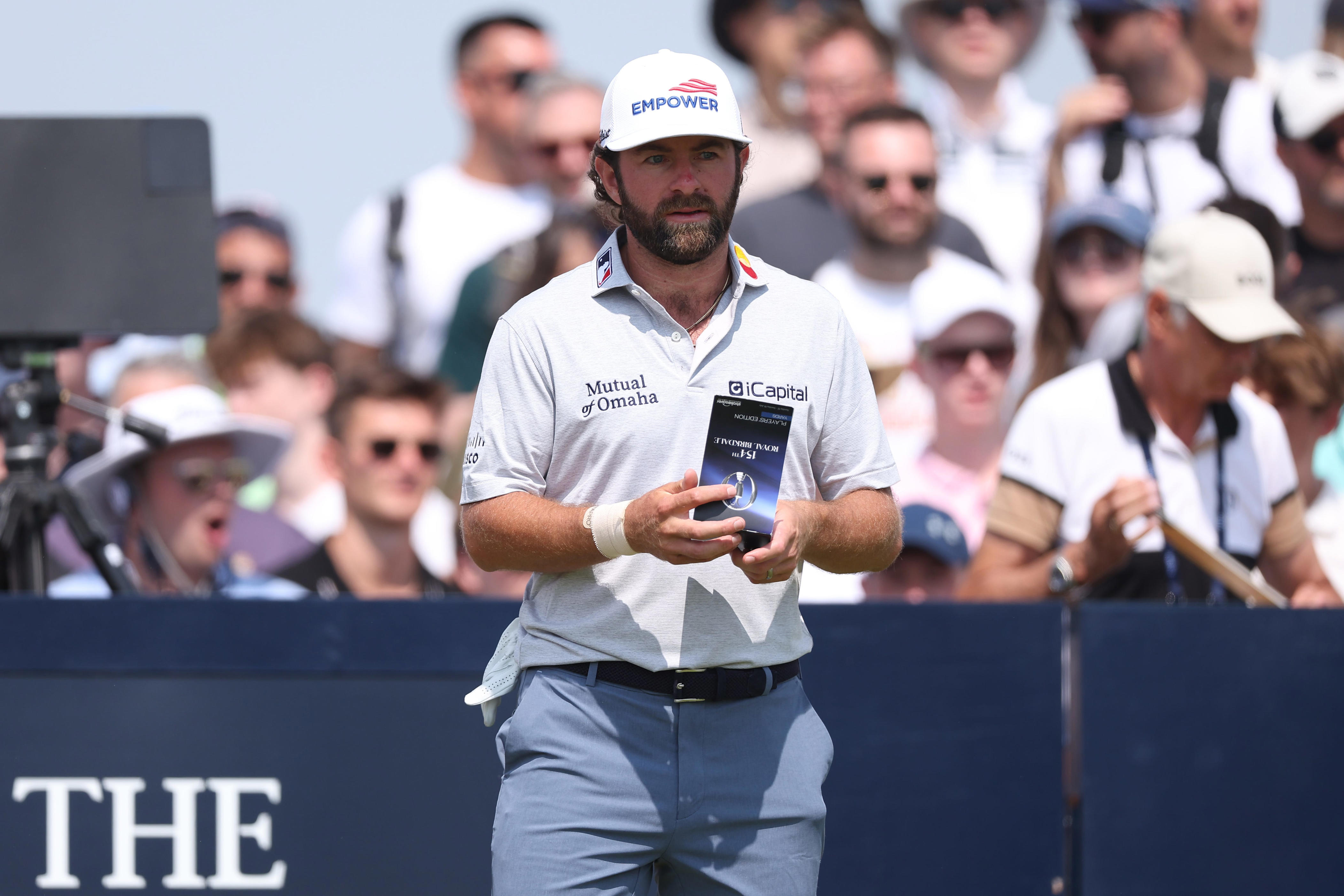 Jul 17, 2026; Southport, ENG; Cameron Young prepares to play his shot from the ninth tee during the second round of The Open Championship golf tournament at Royal Birkdale. Mandatory Credit: Bill Streicher-Imagn Images