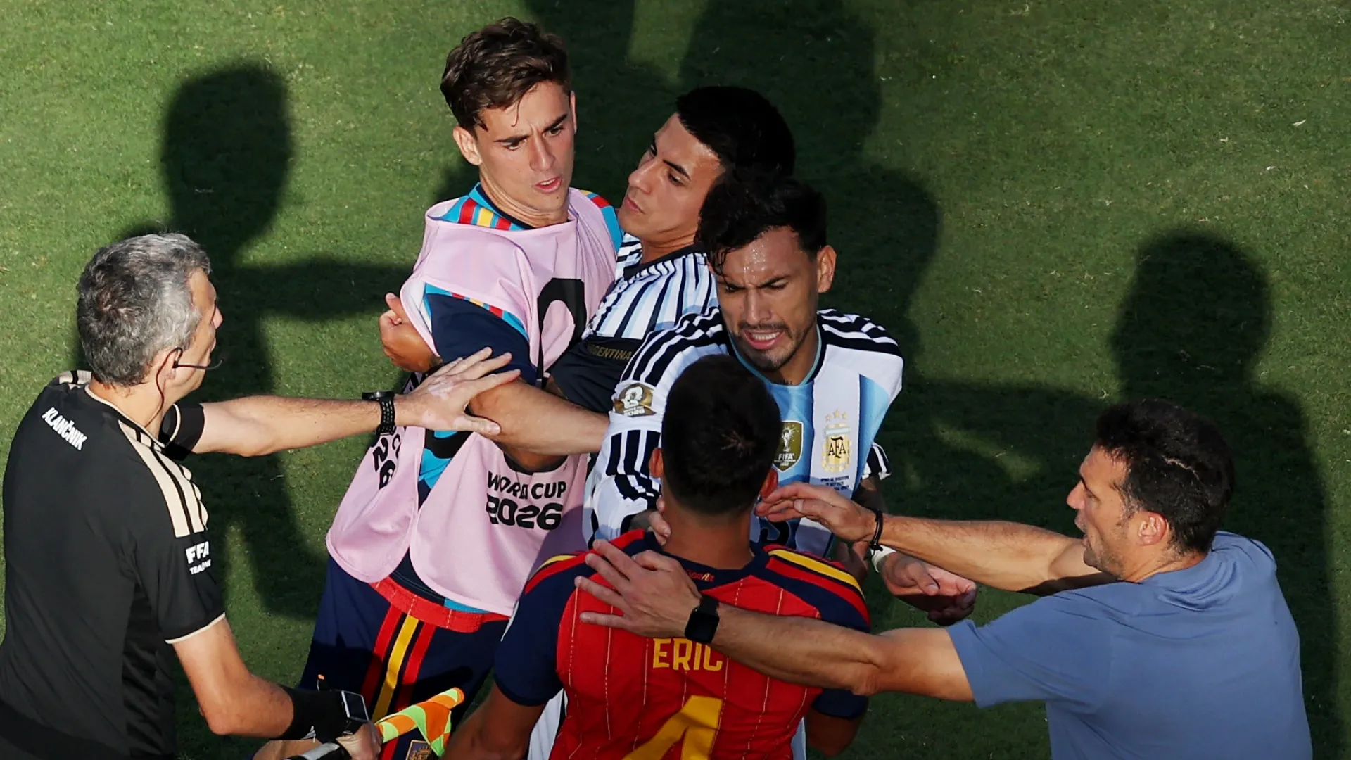 Leandro Paredes #5 of Argentina and Eric Garcia #4 of Spain have words after the FIFA World Cup 2026 Final match between Spain and Argentina at New York New Jersey Stadium on July 19, 2026 in East Rutherford, New Jersey.