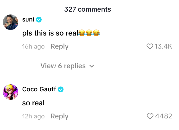Social media post with comments by users “suni” and “Coco Gauff” expressing relatability