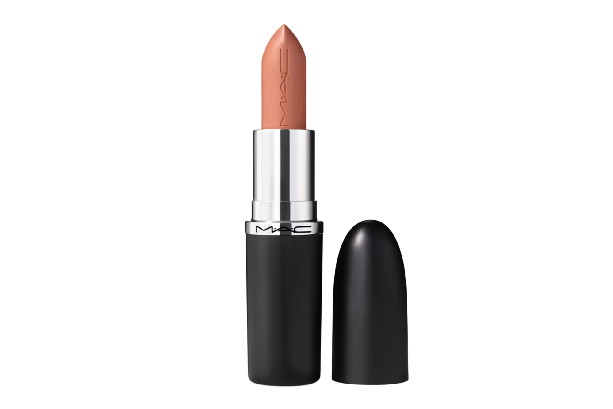 A MAC lipstick with a nude or light brown shade, with its cap off.