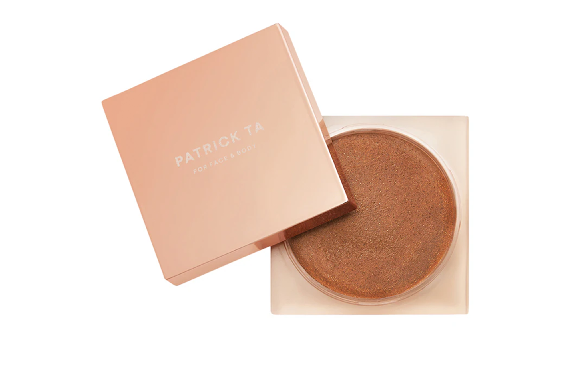 Patrick Ta Major Glow Balm in bronze, an open compact with a reflective bronze shimmer product.
