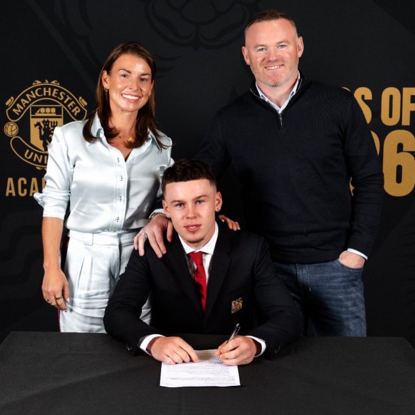 Coleen and Wayne Rooney with son Kai (centre) signing a scholarship with Manchester United in 2026