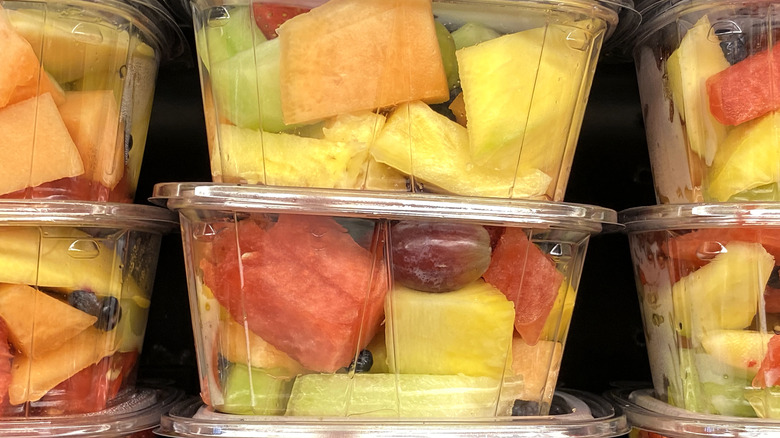 Boxes of pre-cut fruit at grocery store