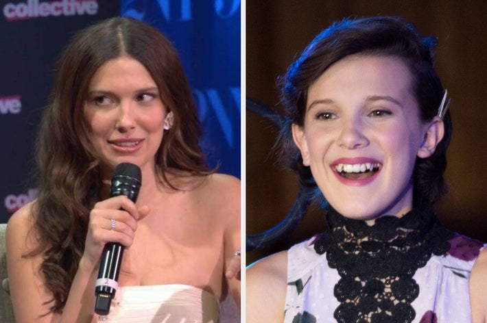 Two celebrities side by side. Left: Woman with long hair, strapless dress, holding a mic at an event. Right: Smiling woman with short hair, lace dress