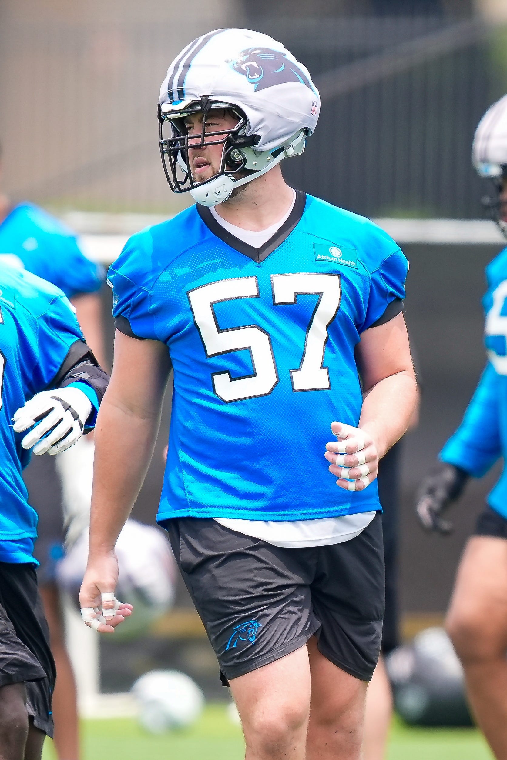 Jun 9, 2026; Charlotte, NC, USA; Carolina Panthers tackle Monroe Freeling (57) during the first day of mini camp at Bank of America Stadium practice facility. Mandatory Credit: Jim Dedmon-Imagn Images