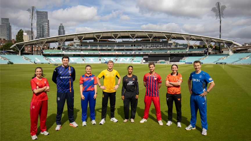 Eight players from The Hundred 2026 cricket tournament line up on the pitch at Lord stadium in London.