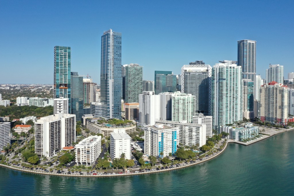 Aerial of waterfront residential buildings in Brickell area of Miami, Florida.