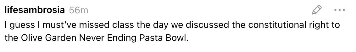 Social media post humorously compares missing a class about constitutional rights to the Olive Garden Never Ending Pasta Bowl