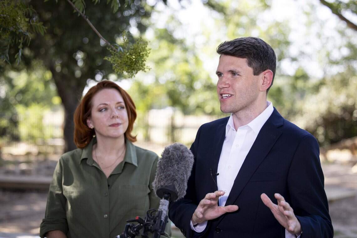 James Talarico speaks about childcare costs and Proposition 2, alongside Green Space Nature Preschool owner Audrey Rowland on Tuesday, July 21, 2026, in Fort Worth. Talarico was a sponsor of Proposition 2, which allows local governments to provide property tax relief to eligible childcare providers, and was approved in a voter referendum in 2023.