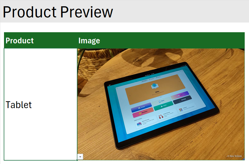 A Product Preview sheet in Excel, which contains a table with a product drop-down selector on the left and the corresponding image on the right.