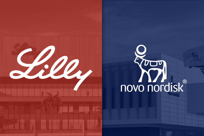 Eli Lilly and Novo Nordisk logos side by side on red and blue backgrounds