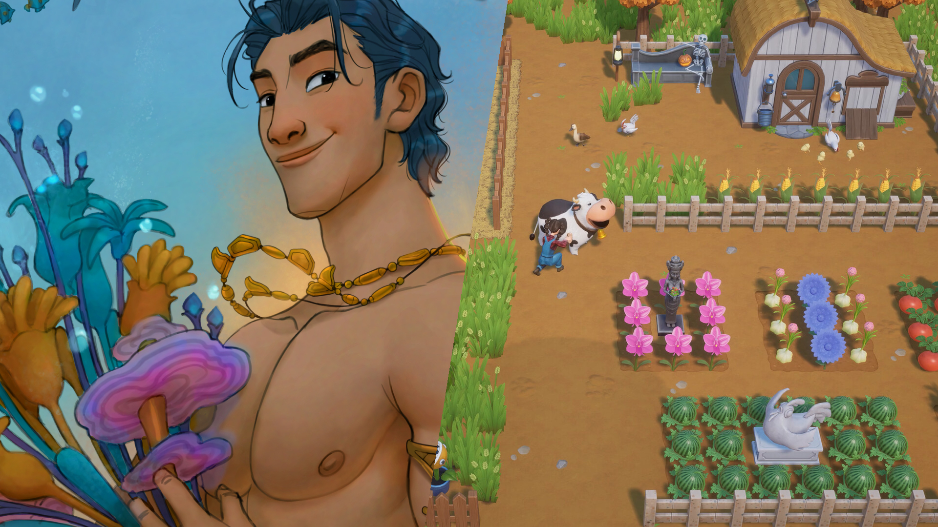 Left: Artwork of Agung the merfolk, Right: A farmer milks a cow in Coral Island