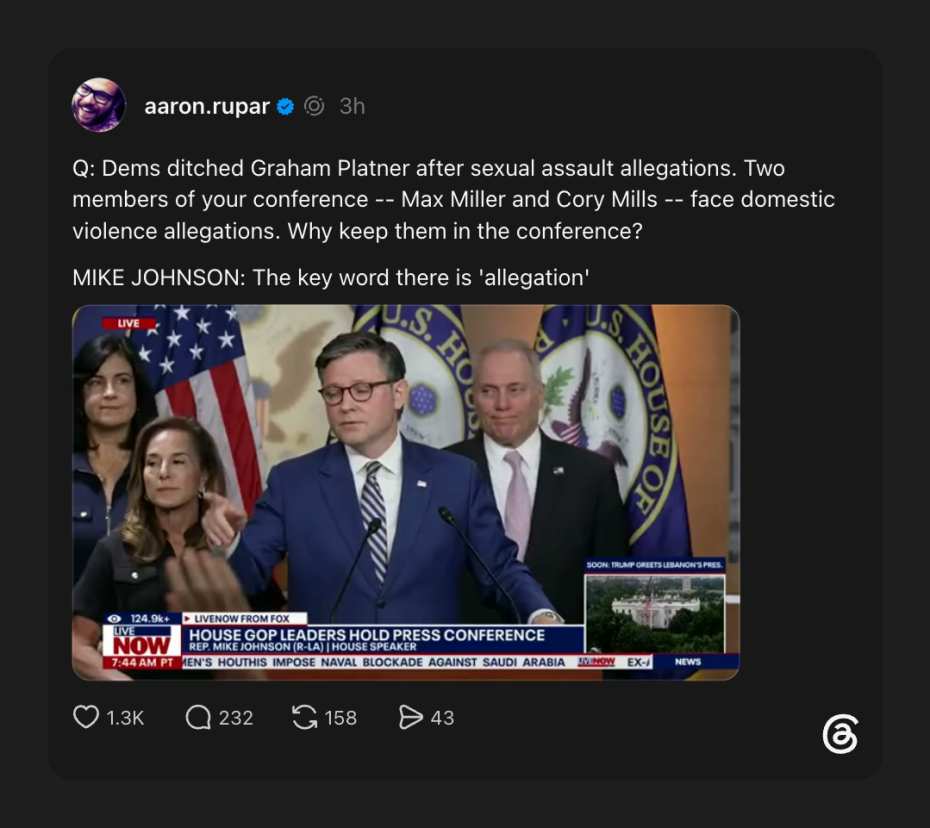 Mike Johnson discovers the word "allegation" only applies to Republicans