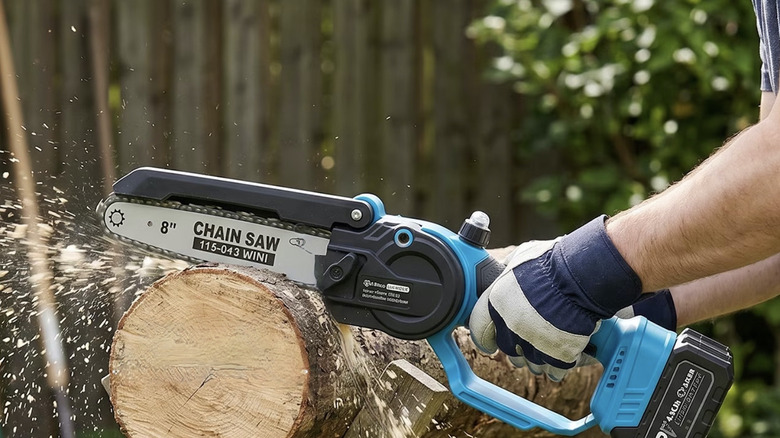 Person cutting a tree limb with a mini chainsaw