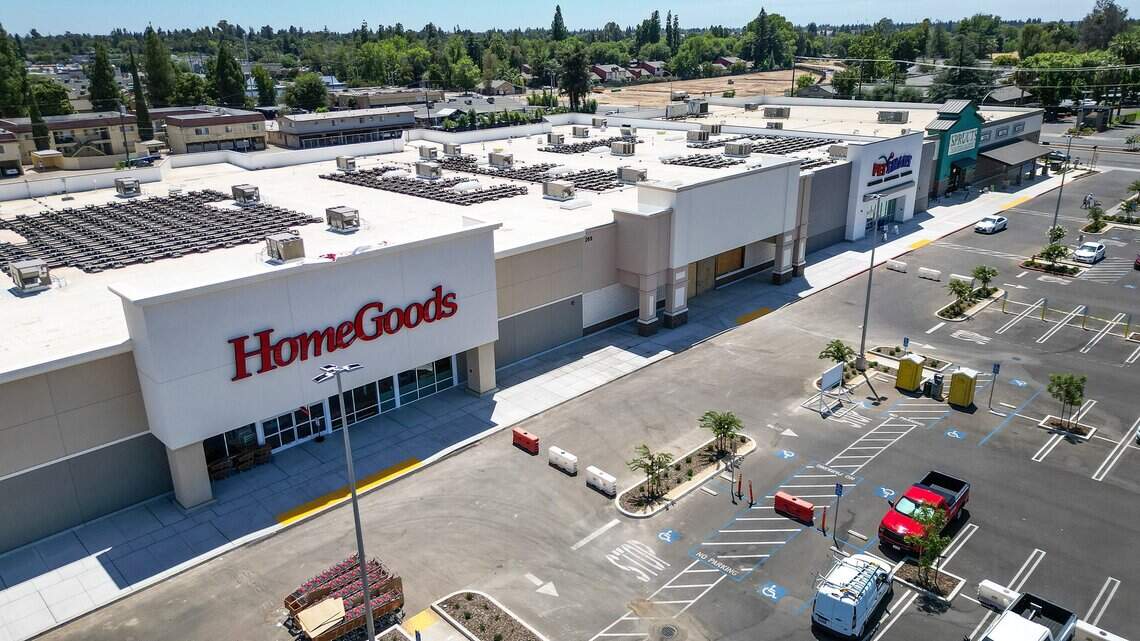 The Fancher Creek shopping center is shown in its current state on Monday, July 20, 2026 at East Tulare Avenue and South Clovis Avenue. Home Goods, PetSmart and Sprouts are located on the south end of the center.
