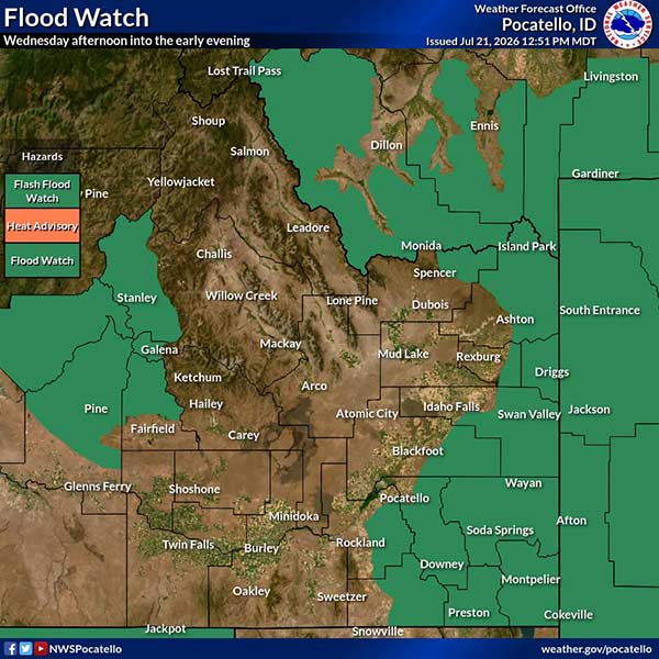 Heavy rain could trigger flash flooding in eastern Idaho Wednesday