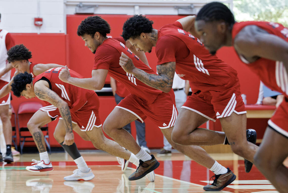 N.C. State men’s basketball players run a drill during a team workout at the Dail Basketball Center on Tuesday, July 21, 2026, in Raleigh, N.C.