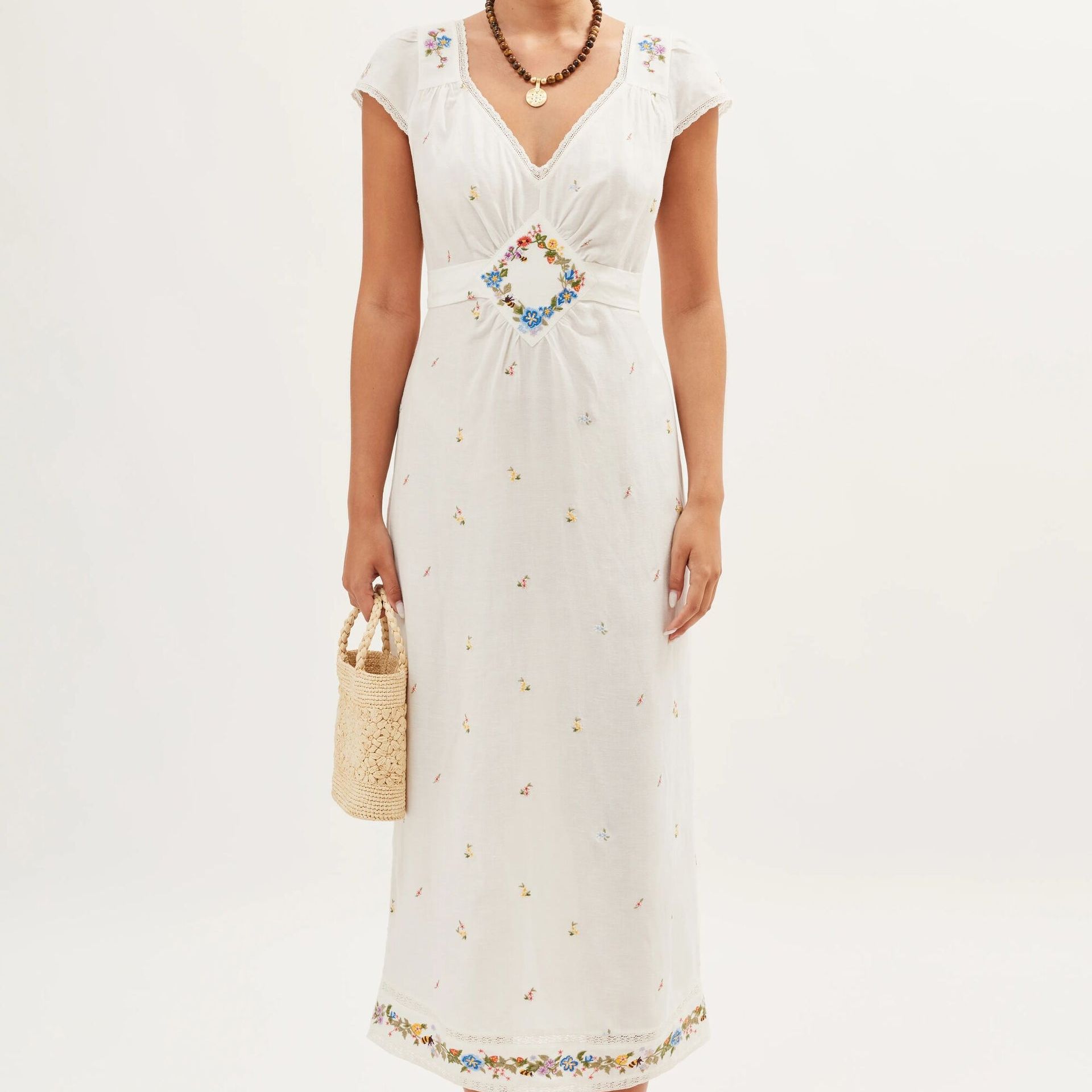 Carey Embroidered Linen Dress in White Meadow Embroidery Ivory