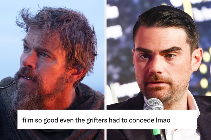 A man with a rugged beard looks right. Another man with short hair is on the right. Text overlaid: "Film so good even the grifters had to concede lmao."