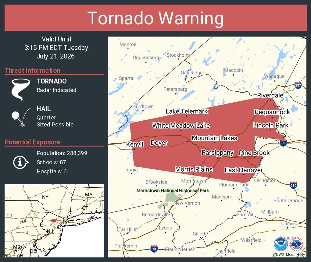 Tornado warning issued for parts of Bergen, Passaic, Morris, Essex