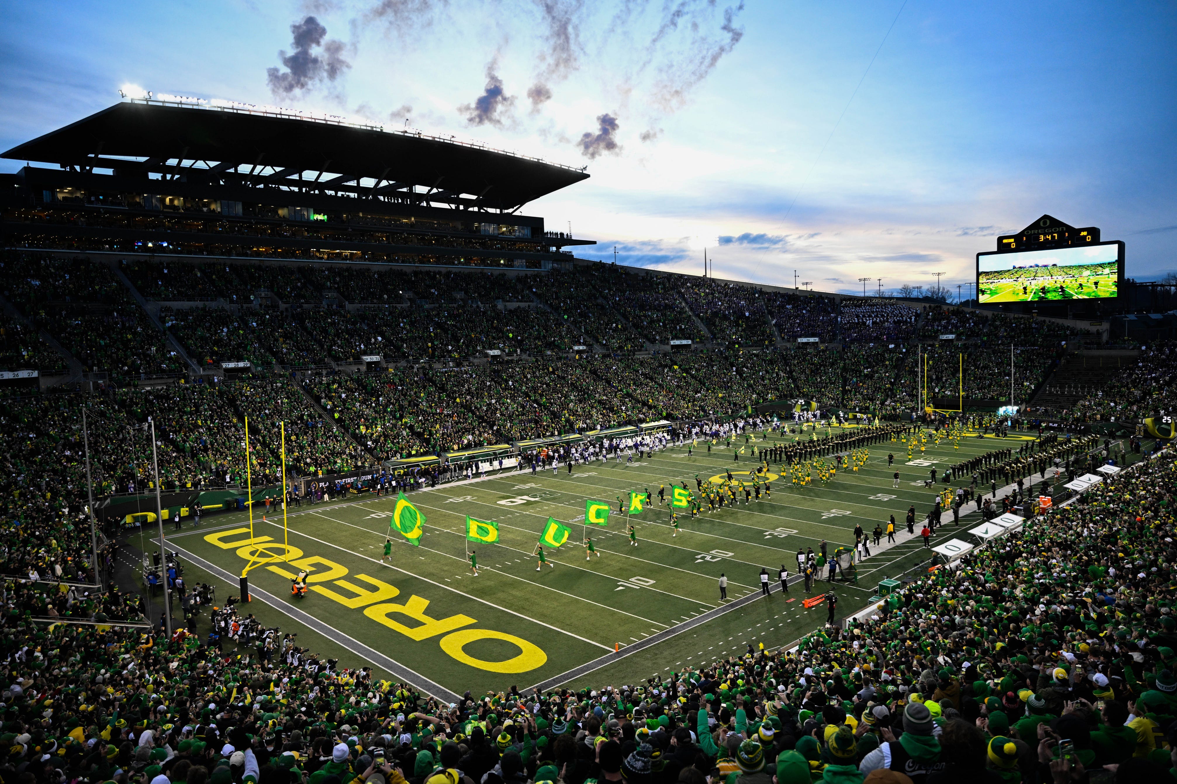 Dec 20, 2025; Eugene, OR, USA; A view of at Autzen Stadium before the game between the Oregon Ducks and the James Madison Dukes. Mandatory Credit: Troy Wayrynen-Imagn Images