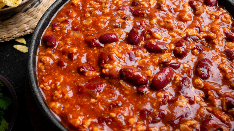 A big bowl of meat and bean chili