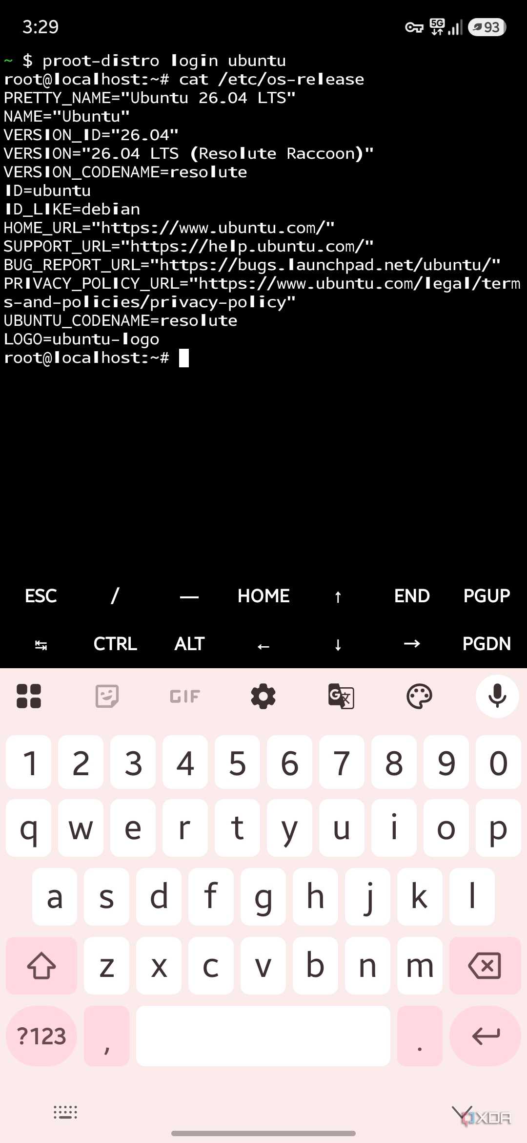 Ubuntu 26.04 LTS details shown via cat /etc/os-release inside Termux on a Samsung Galaxy