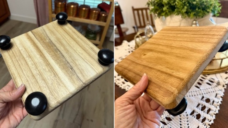Split image of hand holding a tray table countertop riser made from a wood plank and cabinet knob feet.