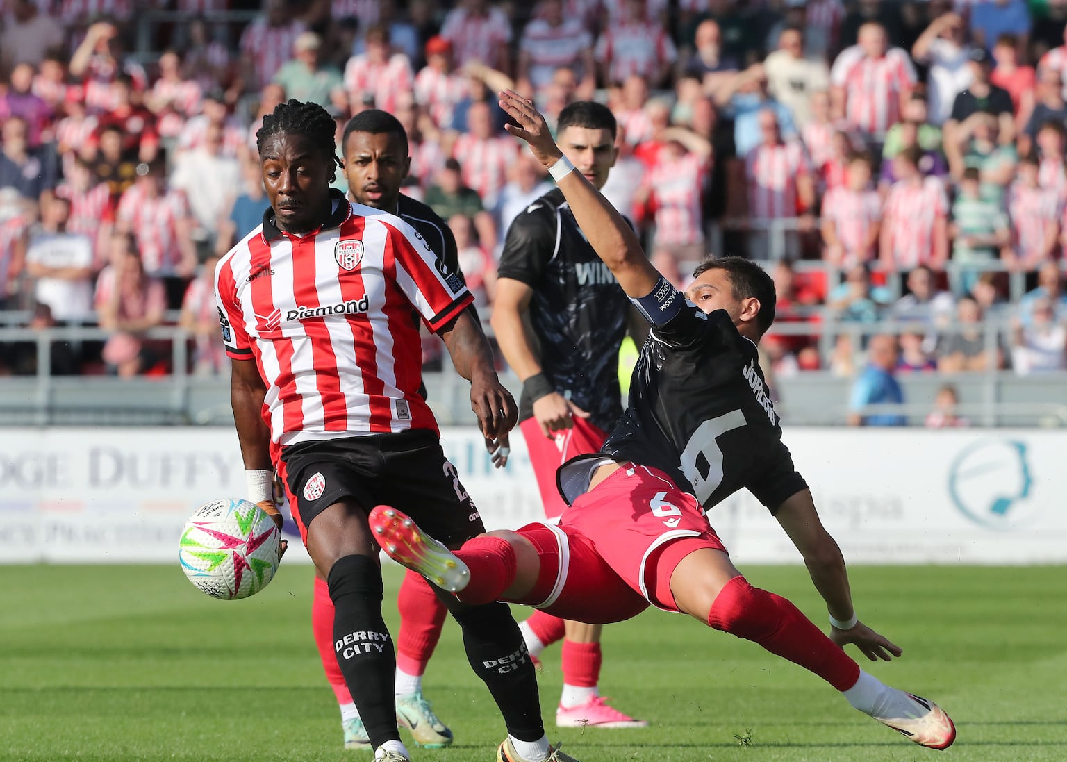 Derry City Kevin Dos Santos with Bruno Jordao of CSKA Sofia during the Europa League match at the Brandywell on Thursday night. PICTURE: MARGARET MCLAUGHLIN 16-7-2026