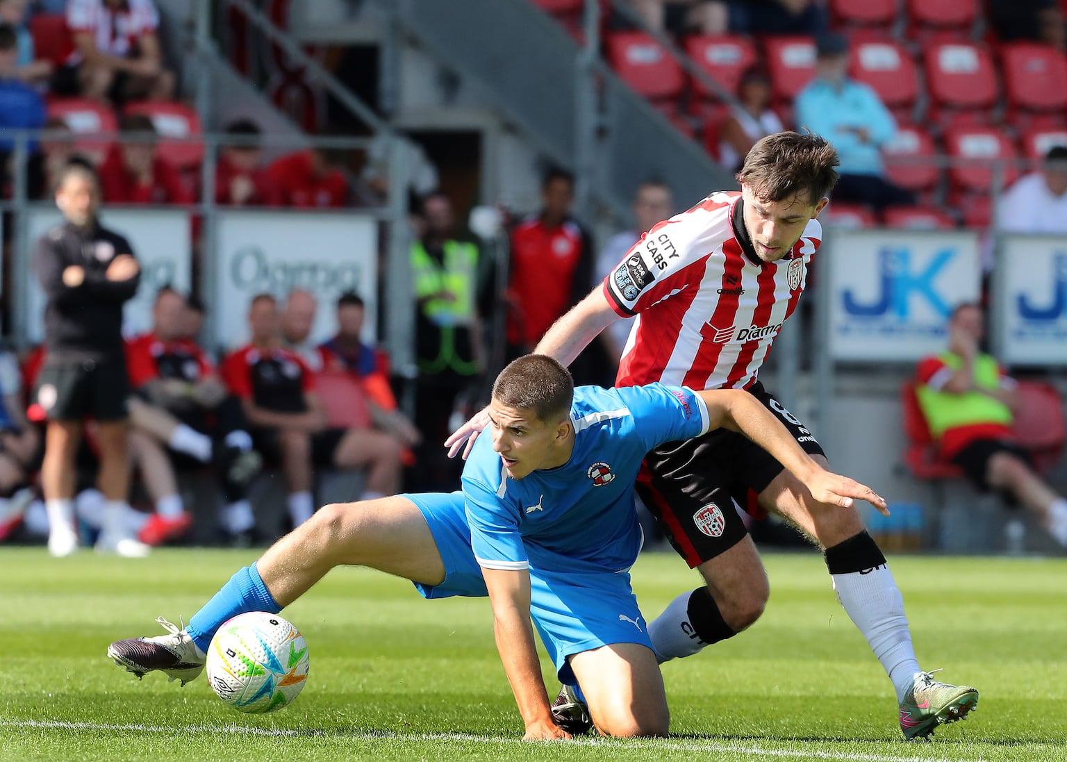 Derry City Adam O'Reilly with Anthony Mihutescu of Tolka Rovers during the FAI Cup match at Brandywell on Sunday. PICTURE: MARGARET MCLAUGHLIN 19-7-2026