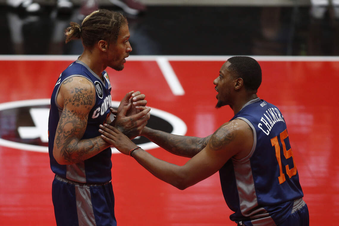 Michael Beasley #11 speaks with Mario Chalmers #15 of 3's Company against the Ball Hogs during BIG3 Week Six at Comerica Center on July 23, 2022 in Frisco, Texas.