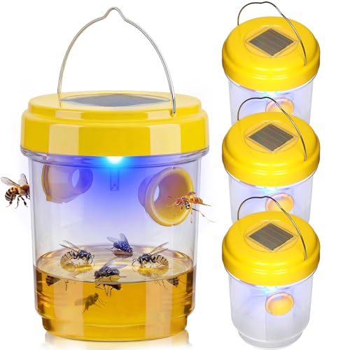 Wasp Trap Outdoor Hanging 4 Pack, Yellow Jacket Trap, Bee Traps Solar Powered, Carpenter Bee Traps for Outside, Reusable Hornet Catcher With Led Light for Garden, Farm & Orchard
