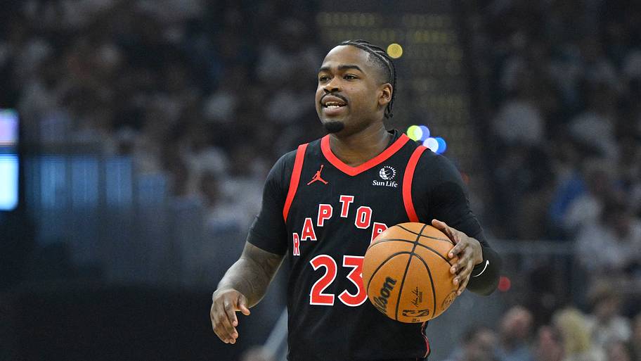 Apr 29, 2026; Cleveland, Ohio, USA; Toronto Raptors guard Jamal Shead (23) brings the ball up court.