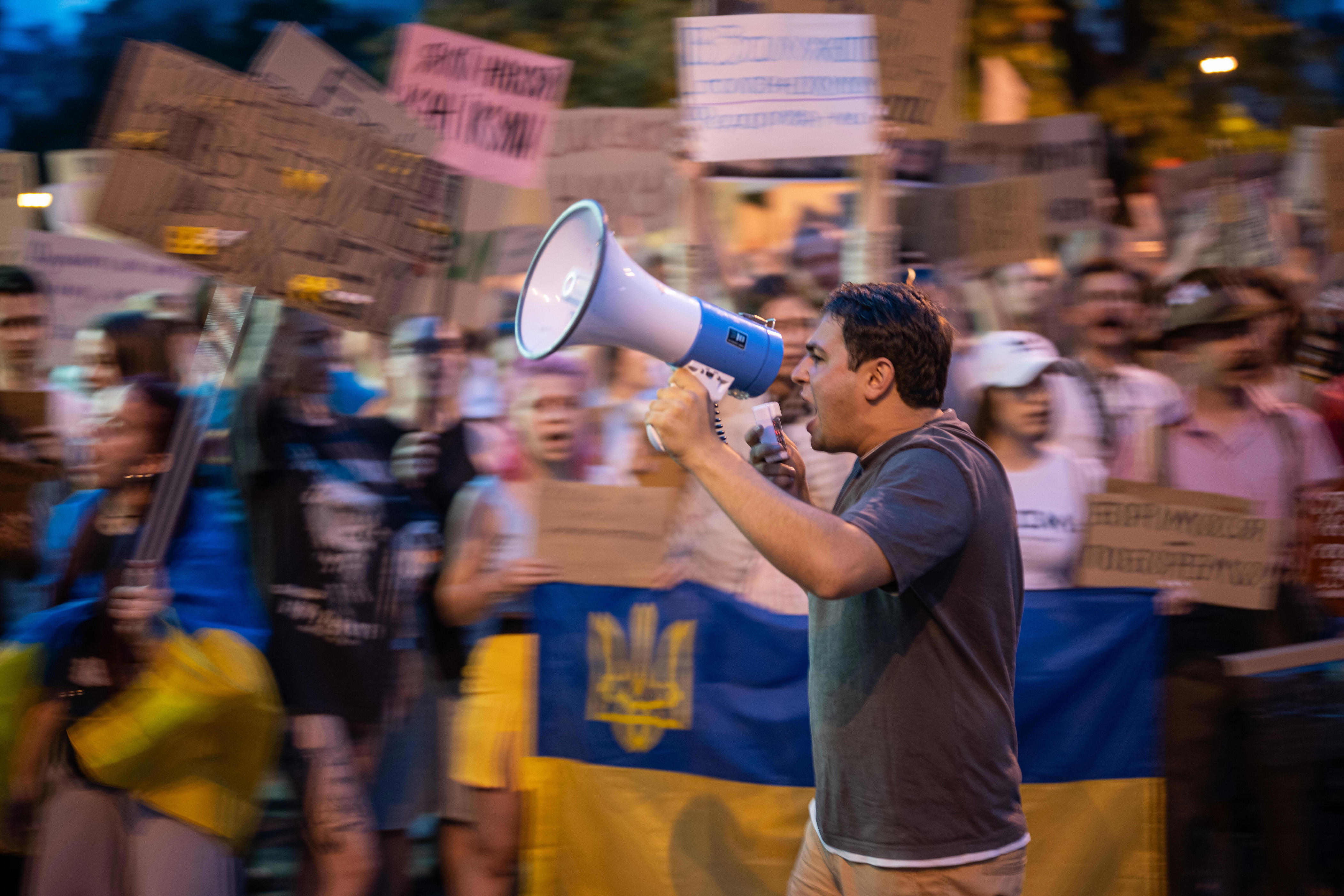 People protest the dismissal of defense minister of Ukraine, Mykhailo Fedorov, in Kyiv on July 20, 2026. / Credit: Danylo Antoniuk/Anadolu via Getty Images