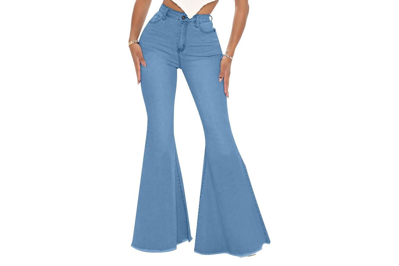 shengfan Women's Skinny Bell Bottom Jeans Elastic High Waisted Flared Jeans Raw Hem Wide Leg Denim Pants 70s Outfits