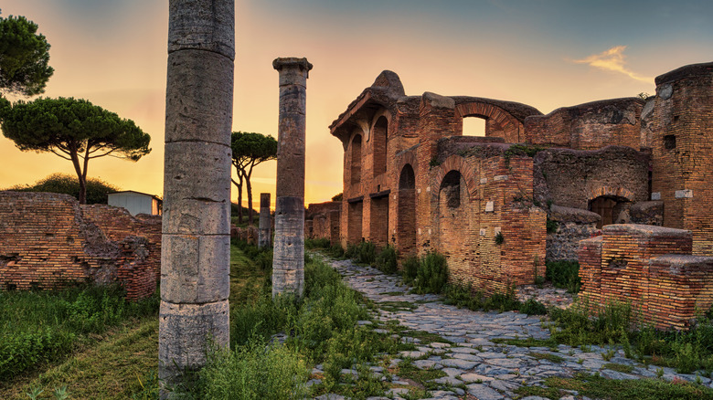Street at sunset in Ostia Antica site