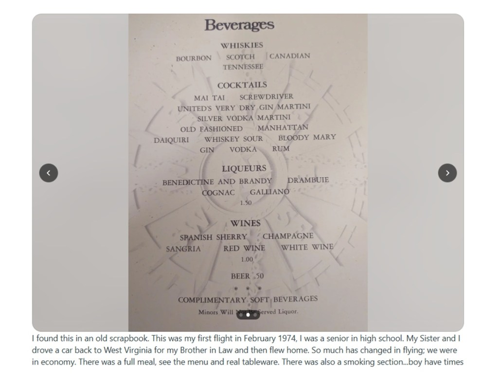 Screenshot from a Reddit post about an economy class food menu on a 1974 United Airlines flight.