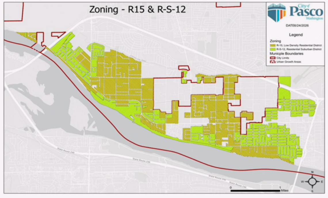 The green and mustard zones are considered low-density residential areas where property-owners will no longer have to pay for frontage improvements.