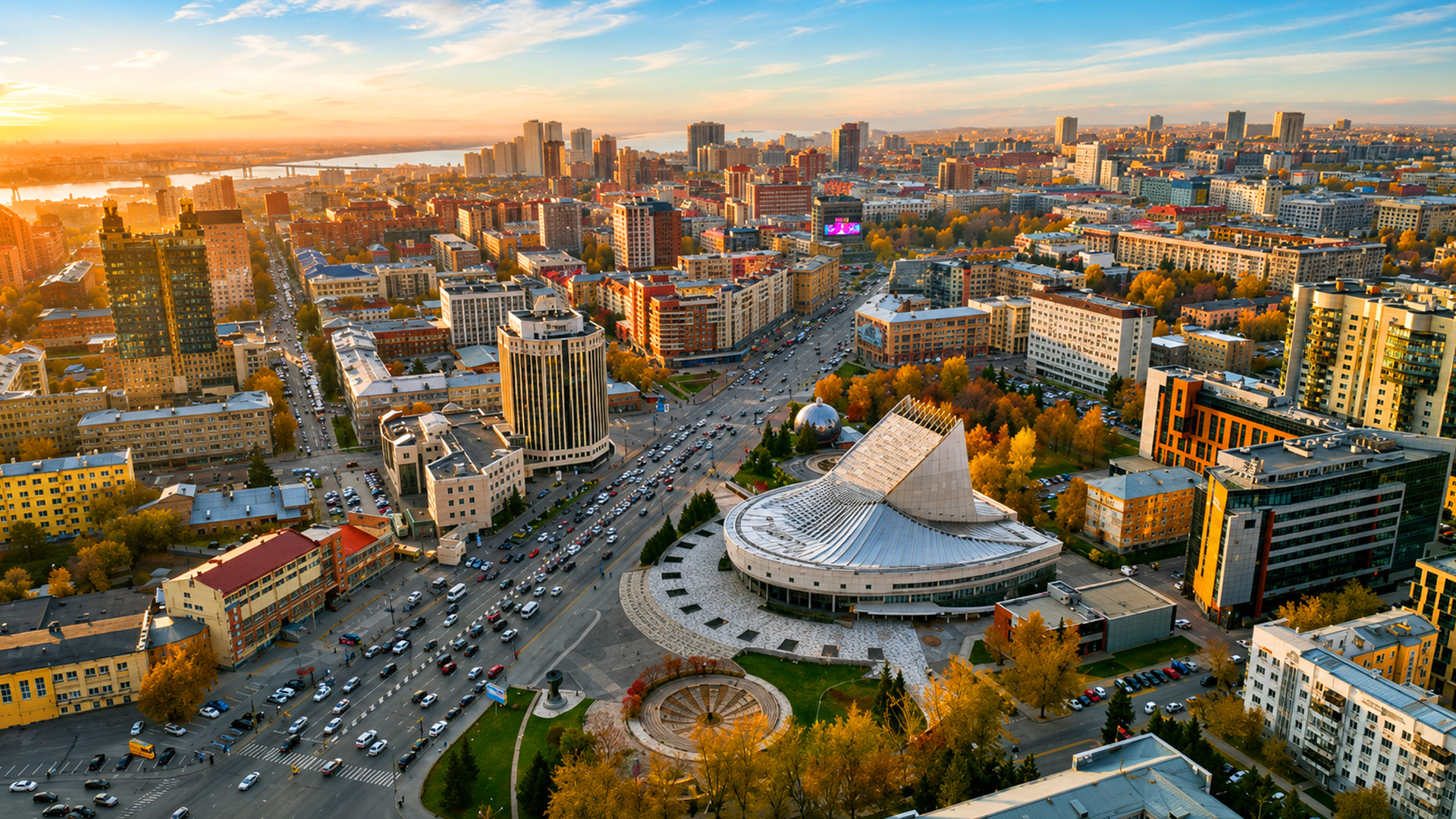 Novosibirsk’s modern buildings along wide city streets