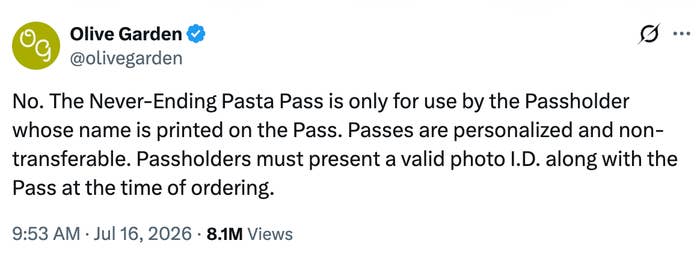 Olive Garden tweet clarifies that the Pasta Pass is non-transferable and requires a matching photo ID at ordering