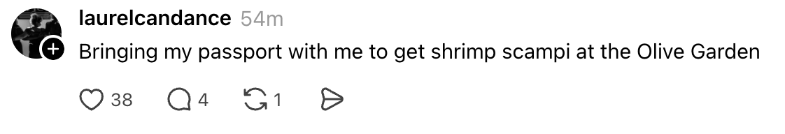 Social media post joking about needing a passport to get shrimp scampi at Olive Garden