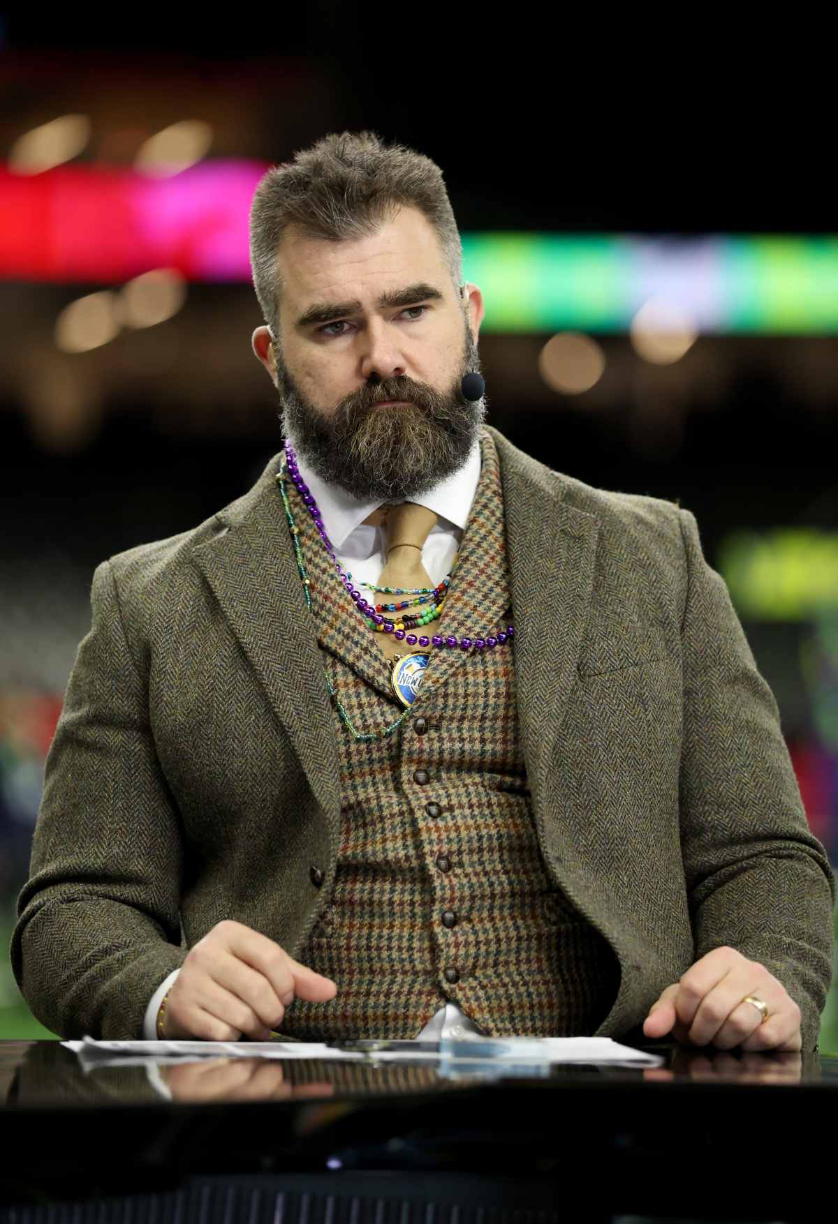 NEW ORLEANS, LOUISIANA - FEBRUARY 09: Jason Kelce, ESPN analyst, looks on ahead of Super Bowl LIX between the Kansas City Chiefs and Philadelphia Eagles at Caesars Superdome on February 09, 2025 in New Orleans, Louisiana. (Photo by Jamie Squire/Getty Images)