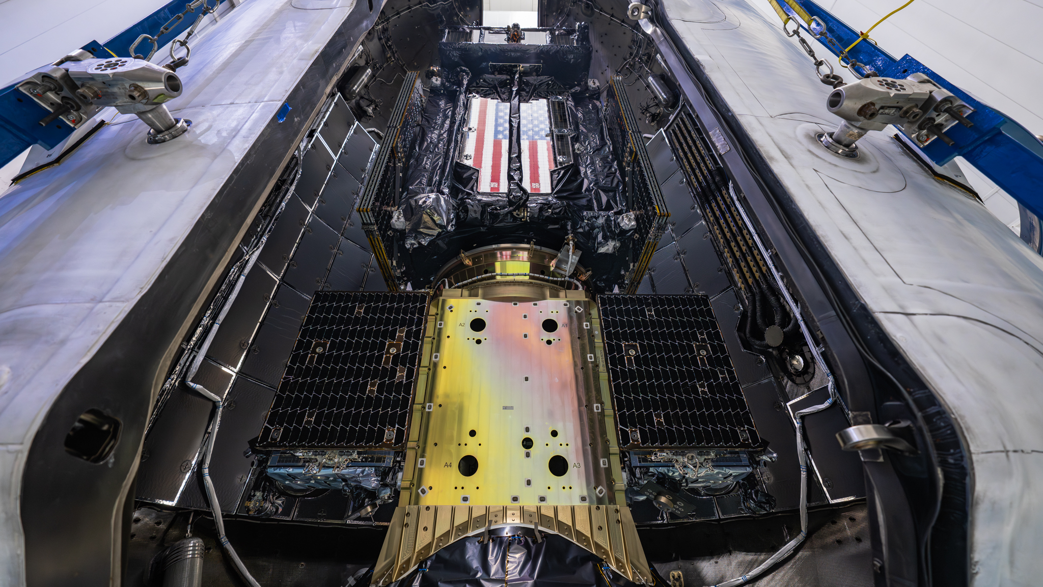 The MRP-MEP payloads being integrated into Falcon 9 fairing before launch.