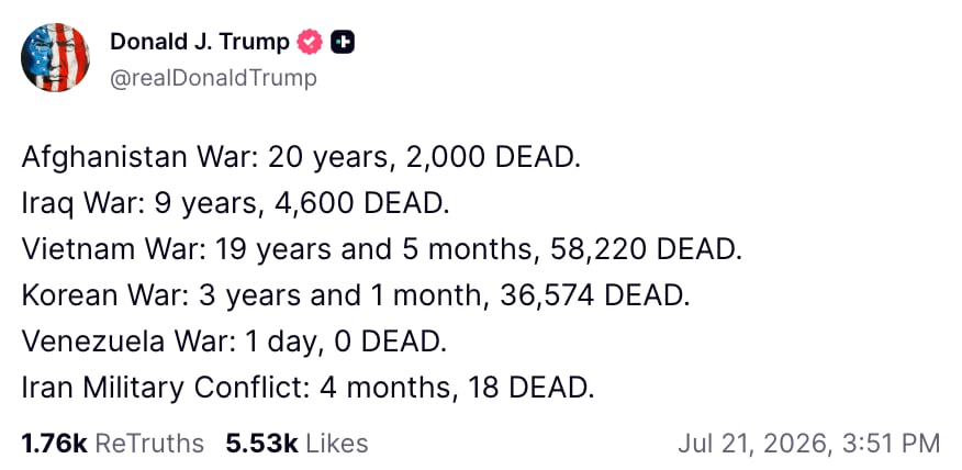 Trump was able to avoid being drafted for the Vietnam War five times through four education deferments and one medical deferment for bone spurs in 1968. / Donald Trump/Truth Social