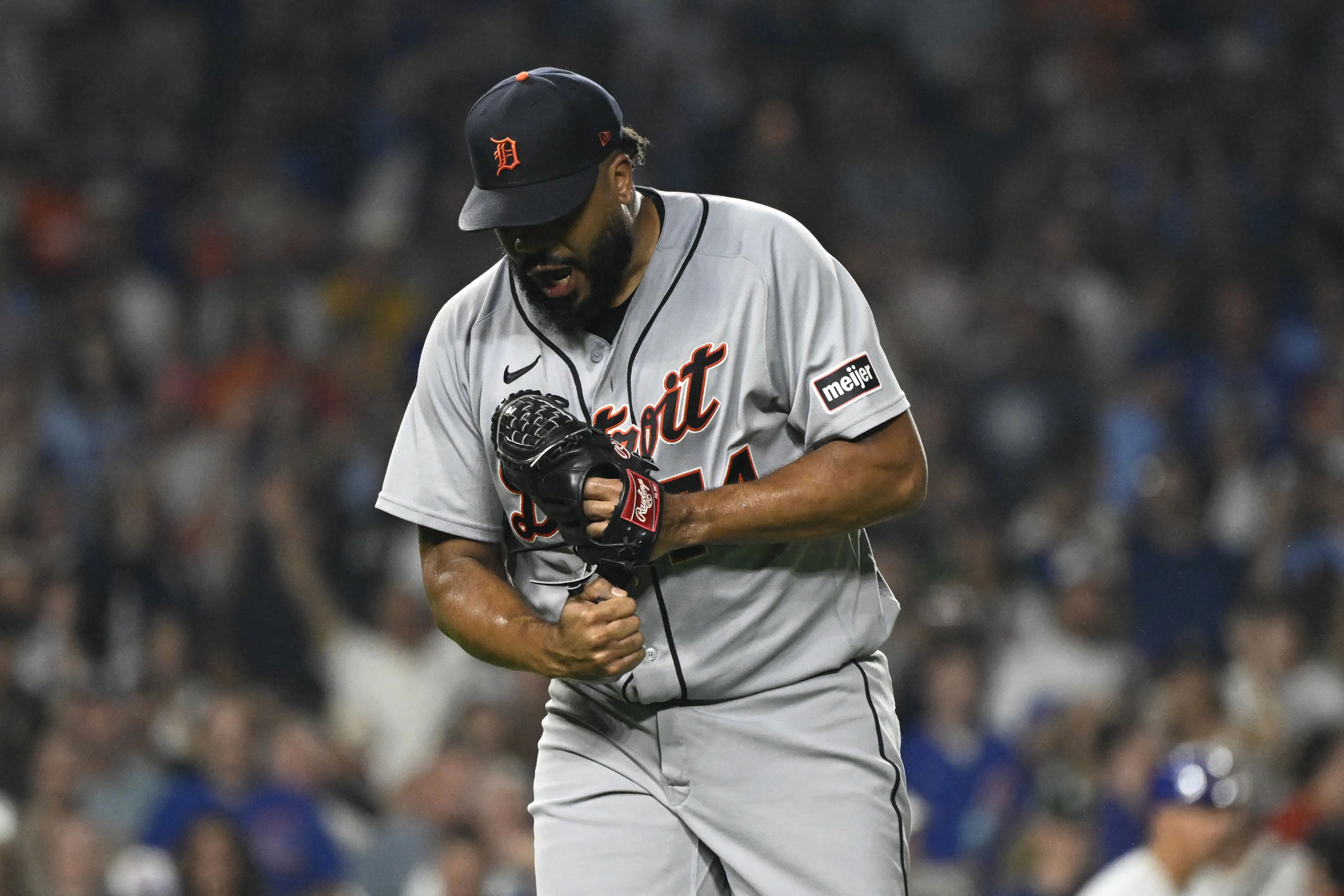 Jul 20, 2026; Chicago, Illinois, USA; Detroit Tigers pitcher Kenley Jansen (74) reacts after closing out the ninth inning against the Chicago Cubs at Wrigley Field. Mandatory Credit: Matt Marton-Imagn Images