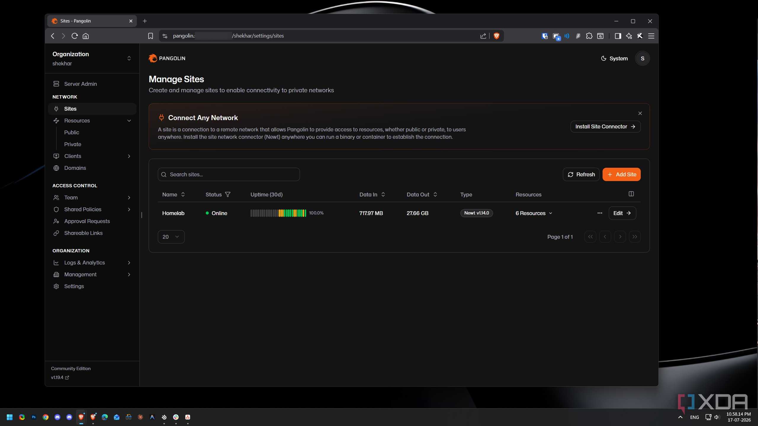 Pangolin dashboard showing the Homelab site online with 100% uptime and Newt connected