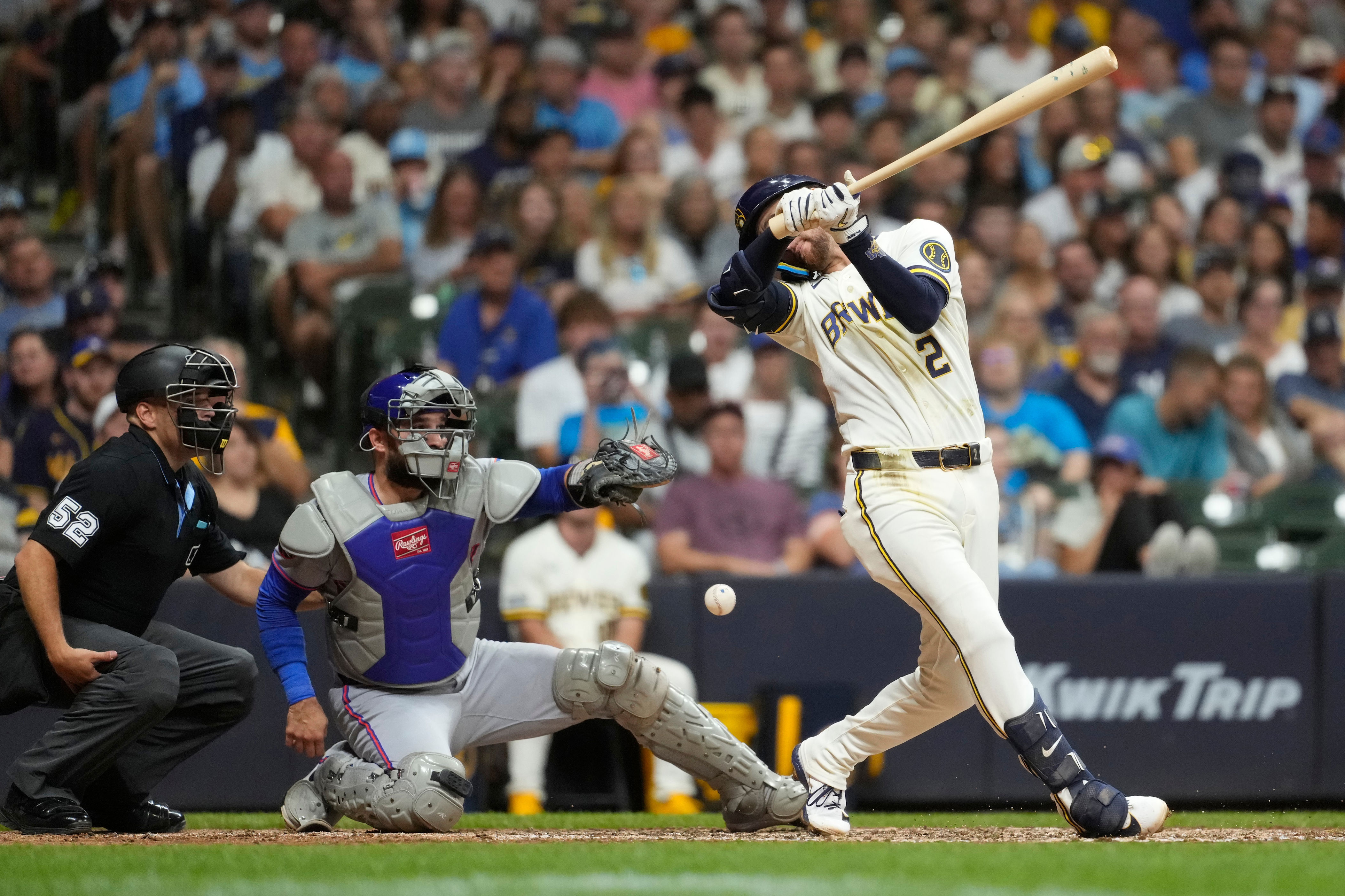 Milwaukee Brewers' Brice Turang hits a foul ball during the sixth inning of a baseball game against the New York Mets, Tuesday, July 21, 2026, in Milwaukee. (AP Photo/Aaron Gash)